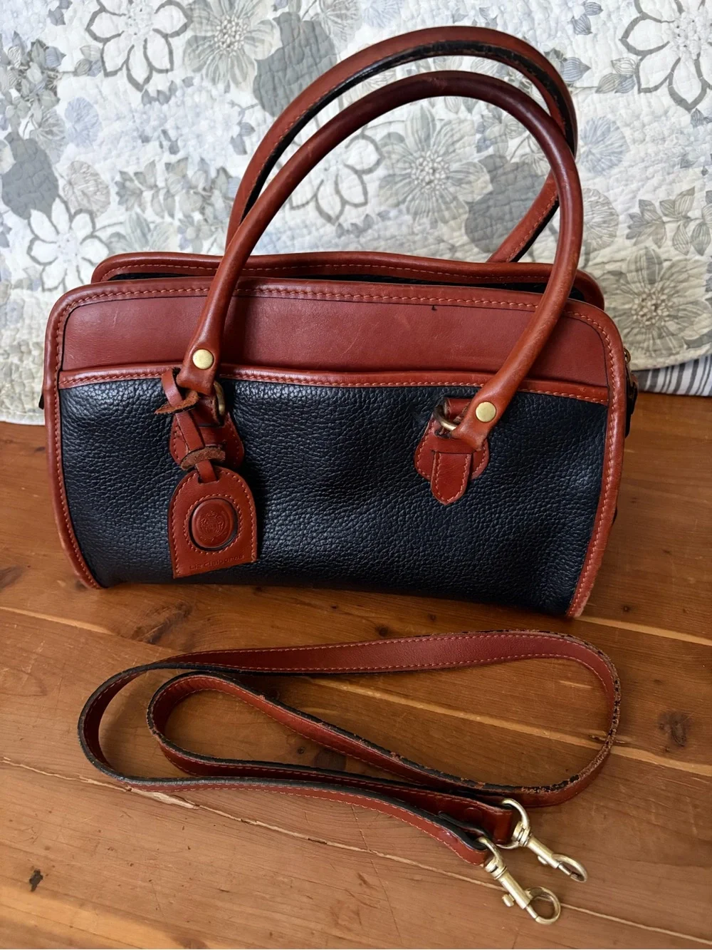 Vintage Liz Claiborne Black Pebbled Satchel with Cognac Trim